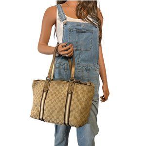 Authentic Gucci Tote Bag Gold Canvas Sherry Line Used GG Handbag Vintage